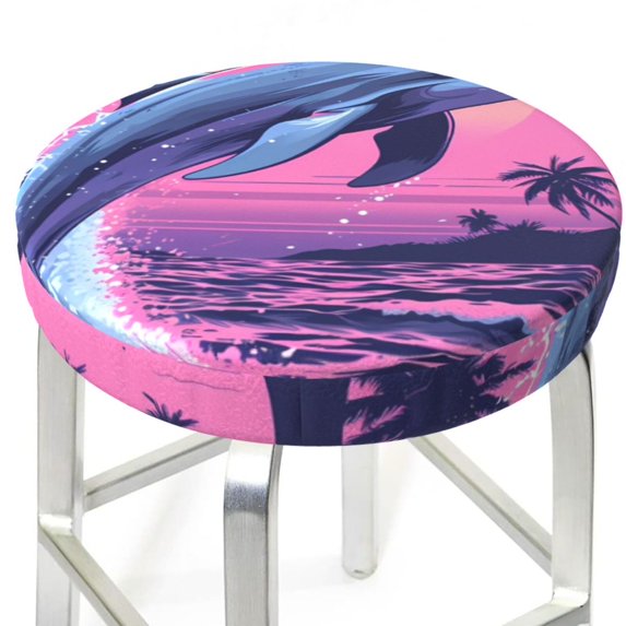 Picia Hawaiian Beach Dolphin pattern Round Stool Covers Comfy Seat Covers Stretch Removable WashableChair Slipcover Round Bar Chair Cushion Cover-13 inch