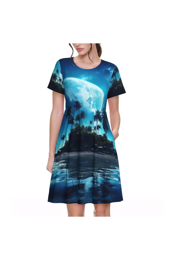 Hawaiian Beach Pirate Moon Pattern Women's Short Sleeve Summer Dress Pleated Loose Swing Knee Length Short Sleeve Swing Dresses