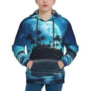 Picia Hawaiian Beach Pirate Moon Pattern Youth Hoodie - Warm Pullover Sweatshirt with Kangaroo Pocket, Ideal for Boys and Girls-Medium