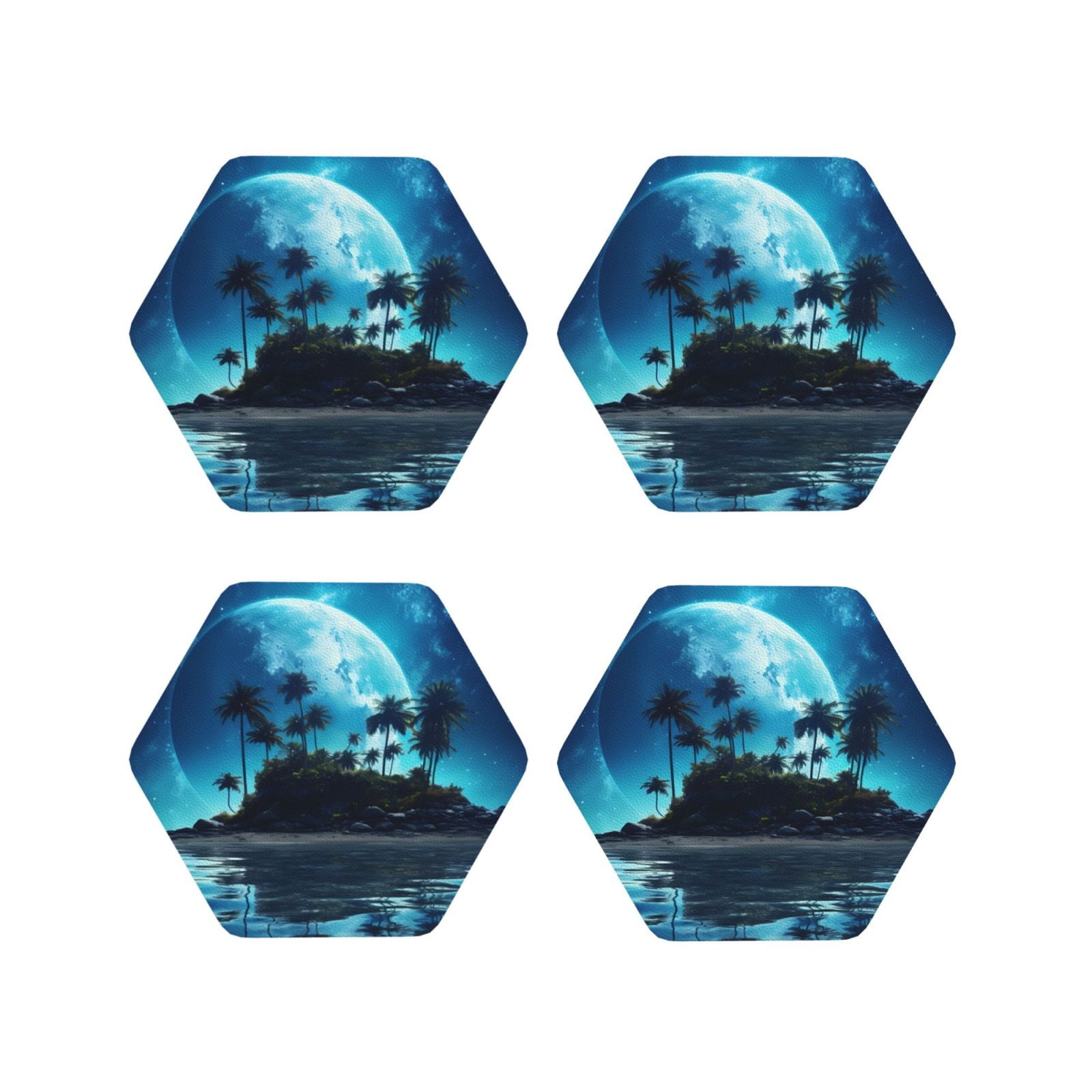 Picia Hawaiian Beach Pirate Moon Printed Leather Coasters for Drinks, 4 ...