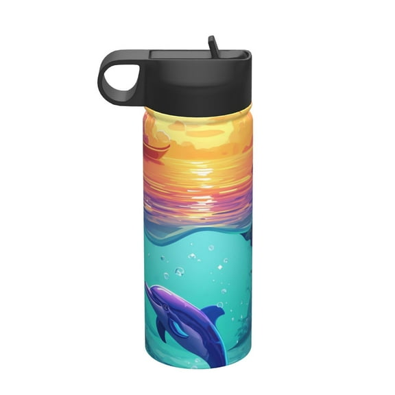 Picia Hawaiian Island Dolphin Pattern 18oz Sports Insulated Kettle With Straw Insulated Water Bottle For Running Hiking Cycling Climbing Men'S Woman Insulated Water Bottle