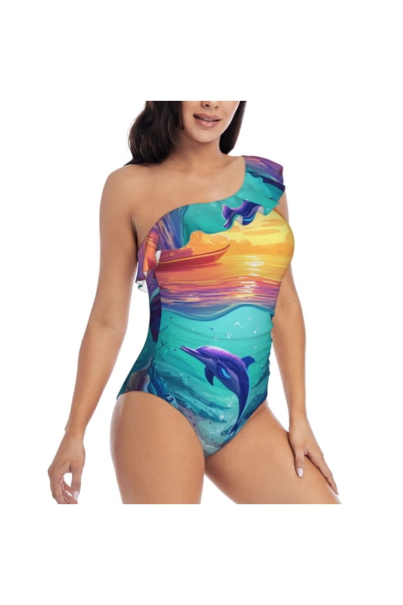 Hawaiian Island Dolphin Pattern Women's One Piece Swimsuits,One Shoulder Swimwear Asymmetric ,Ruffle Monokinis Bathing Suits,High Waisted Flattering Bathing Suits-Small