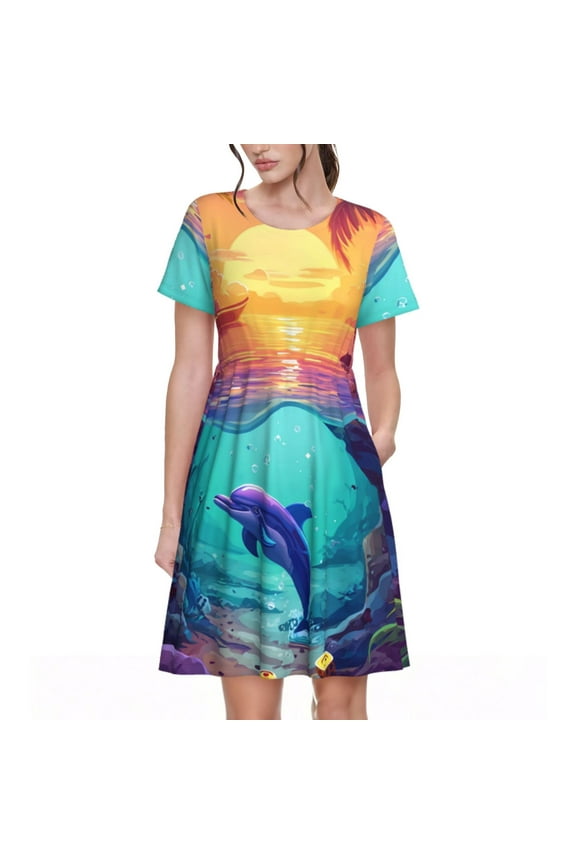 Hawaiian Island Dolphin Pattern Women's Short Sleeve Summer Dress Pleated Loose Swing Knee Length Short Sleeve Swing Dresses