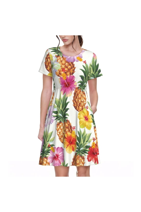 Hawaiian Pineappl Pattern Women's Short Sleeve Summer Dress Pleated Loose Swing Knee Length Short Sleeve Swing Dresses
