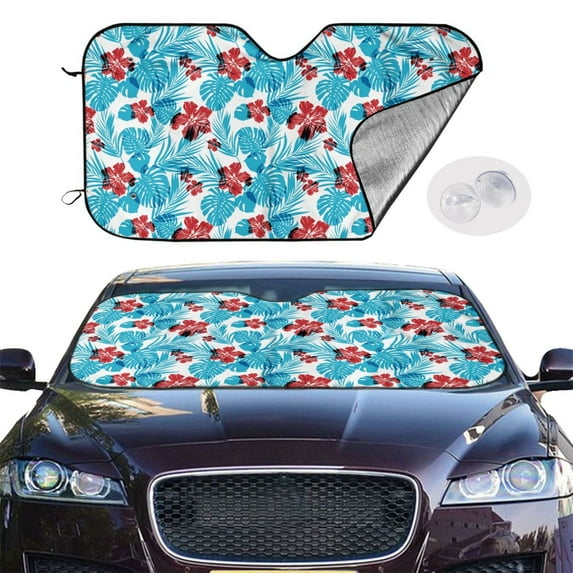 Picia Hawaiian Style Curved Windshield Sunshade Accordion Folding Style Auto Shade for Car Truck SUV Van Blocks UV Ray Sun Visor Protector -