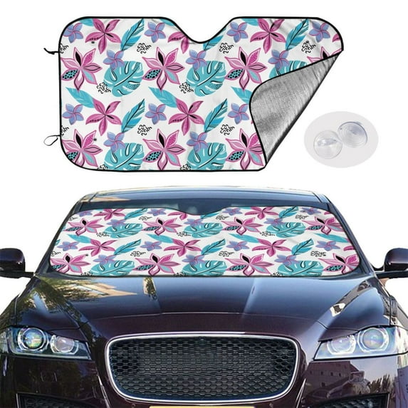 Picia Hawaiian Style Curved Windshield Sunshade Accordion Folding Style Auto Shade for Car Truck SUV Van Blocks UV Ray Sun Visor Protector -
