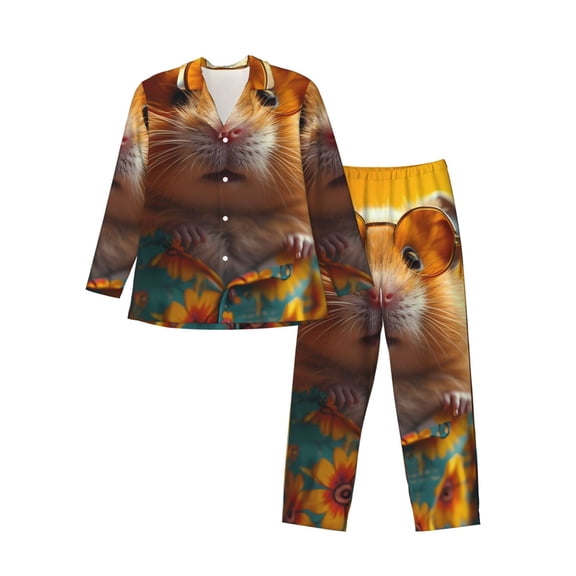 Picia Hawaiian Style Guinea Pig Pattern Men’s Long-Sleeve Sleepwear Set - Soft 2-Piece Loungewear with Pockets, Comfy PJs for Relaxing Nights-XX-Large