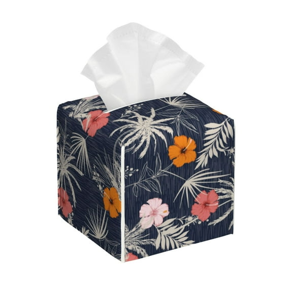Picia Hawaiian Style Pattern Tissue Box Cover,PVC Leather Square Holder,Tissue Box Holder with Magnetic Bottom,Facial Paper Organizer Dispenser-5.2"X5.2"X5.2"