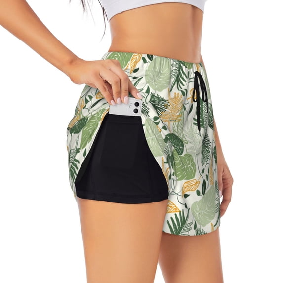 Picia Hawaiian Style Pattern Women's 2 in 1 Athletic Running Shorts High Waisted Workout Casual Gym Sweat Shorts with Comfy Liner Zipper Pockets-Large