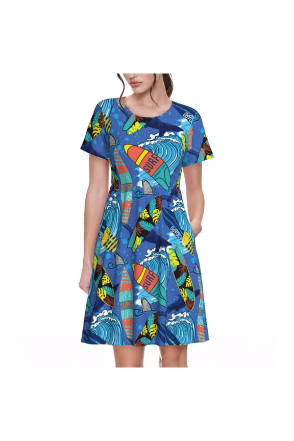 Hawaiian Style Pattern Women's Short Sleeve Summer Dress Pleated Loose Swing Knee Length Short Sleeve Swing Dresses