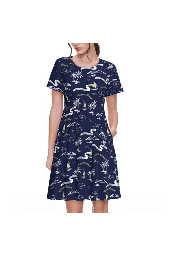 Hawaiian Style Pattern Women's Short Sleeve Summer Dress Pleated Loose Swing Knee Length Short Sleeve Swing Dresses