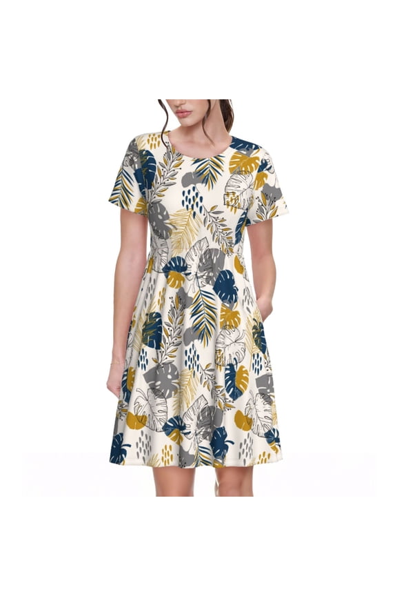 Hawaiian Style Pattern Women's Short Sleeve Summer Dress Pleated Loose Swing Knee Length Short Sleeve Swing Dresses