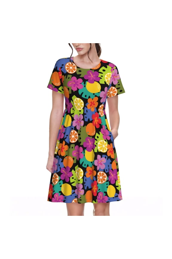 Hawaiian Style Pattern Women's Short Sleeve Summer Dress Pleated Loose Swing Knee Length Short Sleeve Swing Dresses