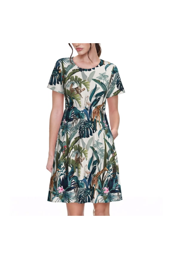 Hawaiian Style Pattern Women's Short Sleeve Summer Dress Pleated Loose Swing Knee Length Short Sleeve Swing Dresses