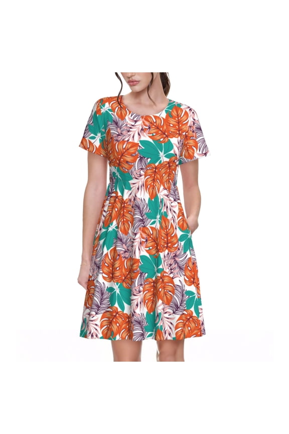 Hawaiian Style Pattern Women's Short Sleeve Summer Dress Pleated Loose Swing Knee Length Short Sleeve Swing Dresses