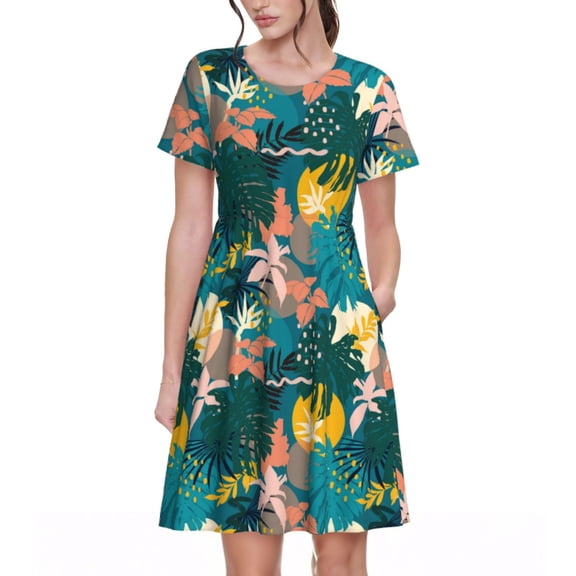Picia Hawaiian Style Pattern Women's Short Sleeve Summer Dress Pleated Loose Swing Knee Length Short Sleeve Swing Dresses
