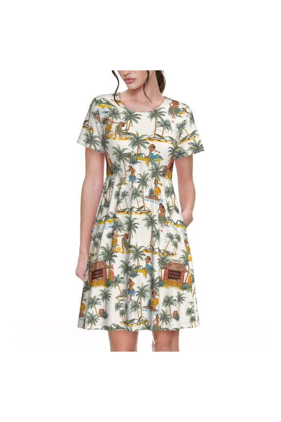 Hawaiian Style Pattern Women's Short Sleeve Summer Dress Pleated Loose Swing Knee Length Short Sleeve Swing Dresses