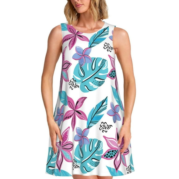 Picia Hawaiian Style Print Women’s Sleeveless Midi Swing Dress – A-Line Pleated Tank Sundress, Comfortable and Flowy T-Shirt Dress