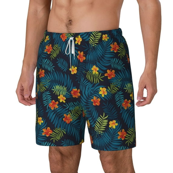 Picia Hawaiian Style pattern Mens Swim Trunks with Compression Liner Stretch Beach Shorts Quick Dry with Zipper Pockets No-Chafing Board Shorts-Medium
