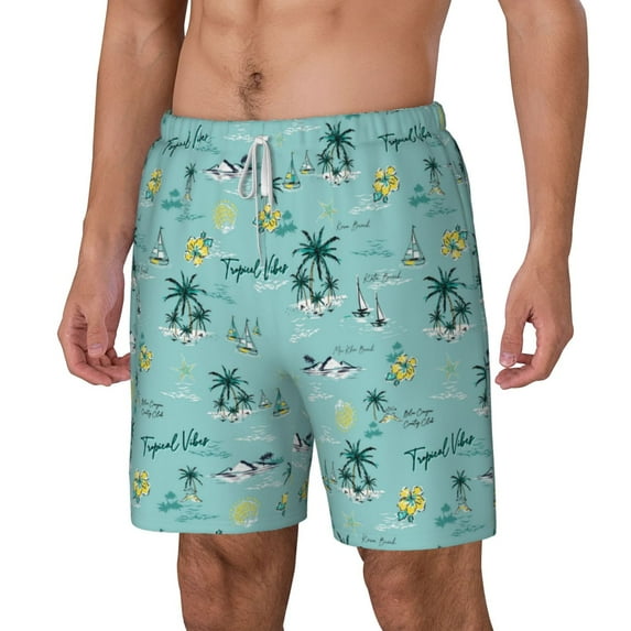 Picia Hawaiian Style pattern Mens Swim Trunks with Compression Liner Stretch Beach Shorts Quick Dry with Zipper Pockets No-Chafing Board Shorts-Medium