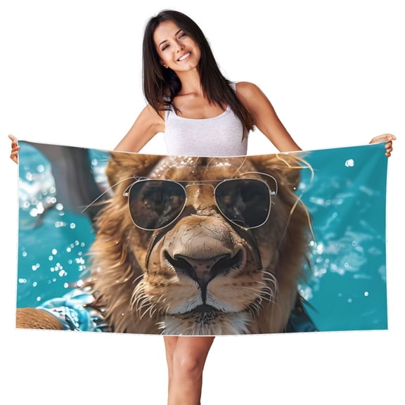 Picia Hawaiian Swimming Lion Print Silver Fox Velvet Beach Towel,Quick-Dry Beach Towel,Lightweight Travel Towel,Portable Beach Towels
