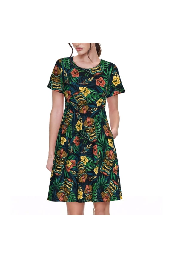 Hawaiian Tribal Mask Pattern Women's Short Sleeve Summer Dress Pleated Loose Swing Knee Length Short Sleeve Swing Dresses