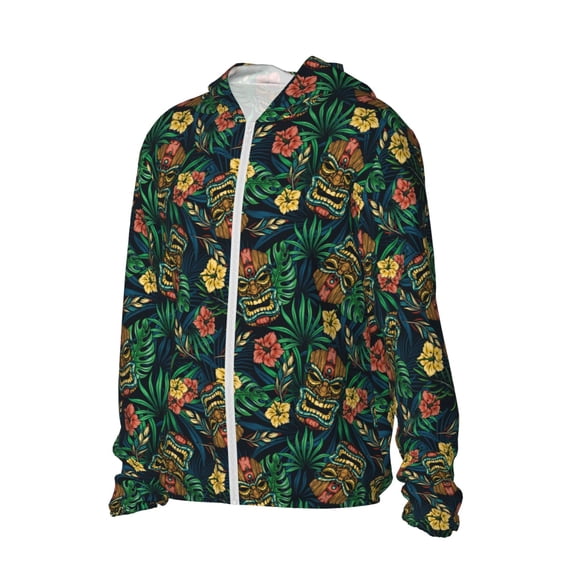 Picia Hawaiian Tribal Mask Women's Men's UPF 50+ Sun Protection Hoodie Shirt Long Sleeve SPF Fishing Outdoor UV Hiking Lightweight Shirts-XX-Large