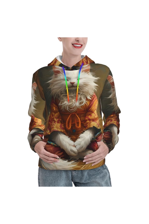 Haystack Meditating Cat Pattern Casual Women's Hoodie, Hooded Sweatshirt with Kangaroo Pocket, Comfortable Pullover with Eye-catching Drawstrings-XX-Large