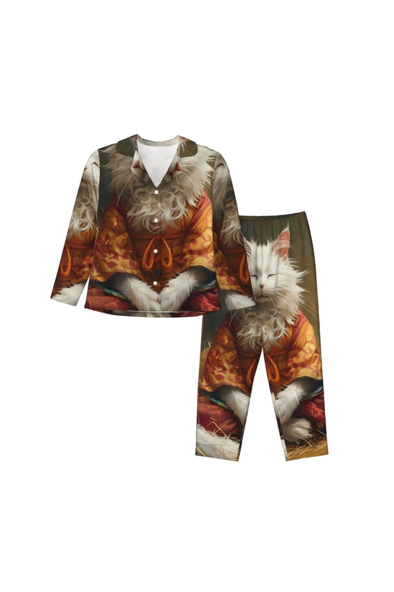 Haystack Meditating Cat Pattern Women’s Long-Sleeve Sleepwear Set - Soft 2-Piece Loungewear with Pockets, Comfy PJs for Relaxing Nights-XX-Large