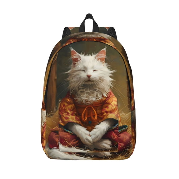 Picia Haystack Meditating Cat Printed Canvas Daypack - Stylish and Durable Vintage Compact Backpack - Class, Work, Travel, or Laptop Bookbag,Organized Compartments-Medium