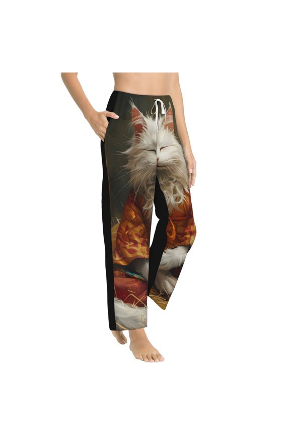 Haystack Meditating Cat Womens Soft Woven Cotton Elastic Waistband Sleep Pajama Pant Lounge Sleep Pant With Pockets And Drawstring-Small