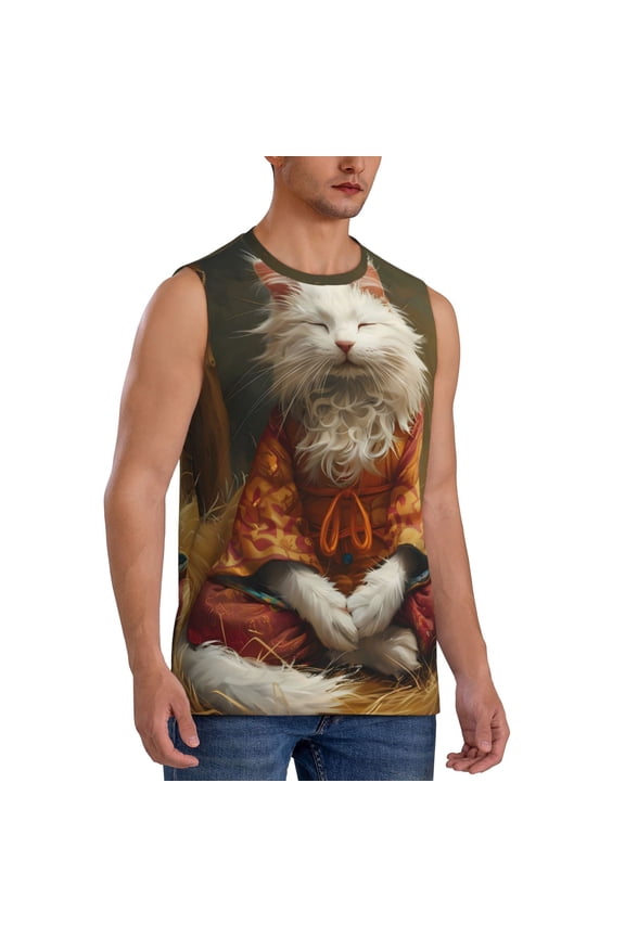 Haystack Meditating Cat mens Cotton Tank Undershirts , Moisture-wicking Ribbed Tanks, Lightweight Cotton Tank Undershirts-Large