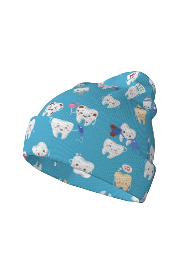 Healthy And Ill White Teeth Pattern Knitted Beanie Hat for Men and Women , Unisex Winter Warm Stretchy Knit Cap Thick Fisherman Beanies Cuffed Plain Skull Caps