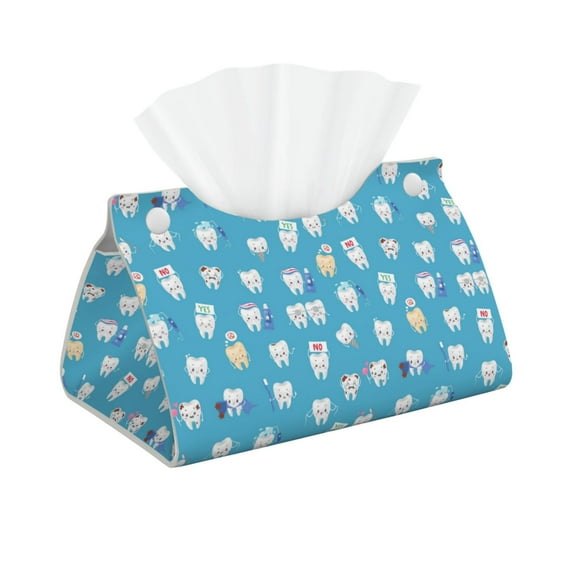 Picia Healthy And Ill White Teeth Pattern Long Tissue Box Cover,PVC Leather Triangle Holder,Tissue Box Holder with Magnetic Bottom,Facial Paper Organizer Dispenser-7.9"X4.9"X4.5"