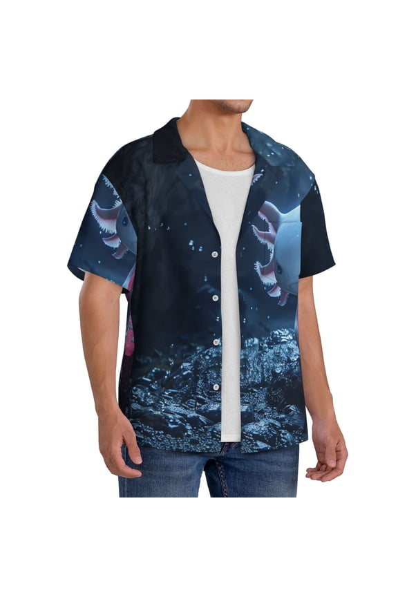 Heart Axolotl Men's Linen Shirts Short Sleeve Cuban Beach Shirts Casual Shirts Button Down Shirt for Men Beach Summer Wedding Shirt-Medium