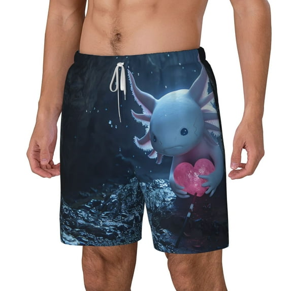 Picia Heart Axolotl pattern Mens Swim Trunks with Compression Liner Stretch Beach Shorts Quick Dry with Zipper Pockets No-Chafing Board Shorts-Large