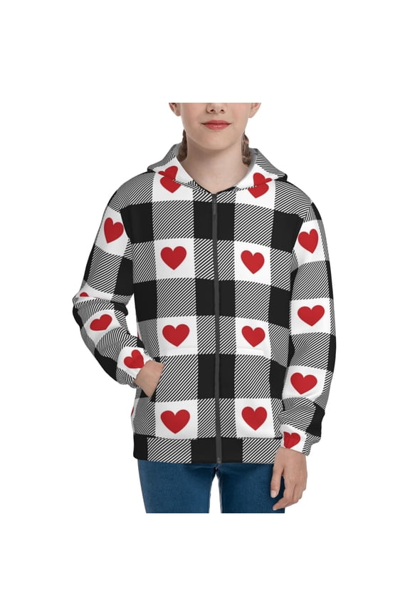 Heart Black Buffalo Plaid Gingham for Boys Fashion Full-zip Hoodies & Sweatshirts with Kangaroo Pocket,Zip-up Hooded Sweatshirt for Kid, Moisture Wicking & Breathable-Medium