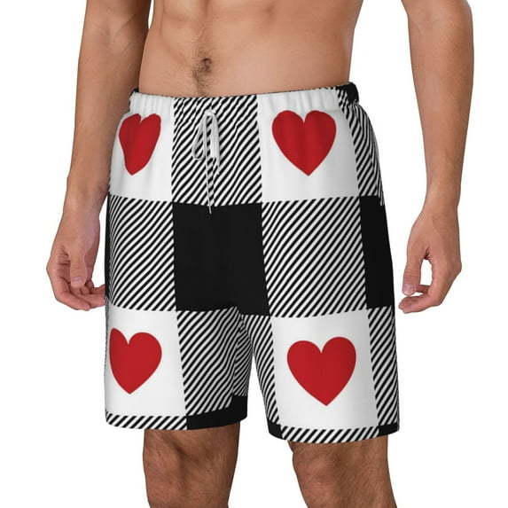 Picia Heart Black Buffalo Plaid Gingham pattern Mens Swim Trunks with Compression Liner Stretch Beach Shorts Quick Dry with Zipper Pockets No-Chafing Board Shorts-3X-Large