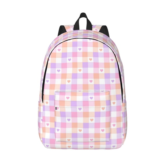 Picia Heart Buffalo Plaid Printed Canvas Daypack - Stylish and Durable Vintage Compact Backpack - Class, Work, Travel, or Laptop Bookbag,Organized Compartments-Small