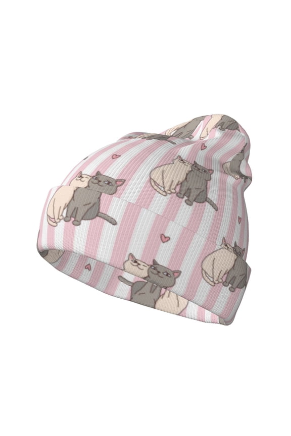 Heart Cat Pattern Knitted Beanie Hat for Men and Women , Unisex Winter Warm Stretchy Knit Cap Thick Fisherman Beanies Cuffed Plain Skull Caps