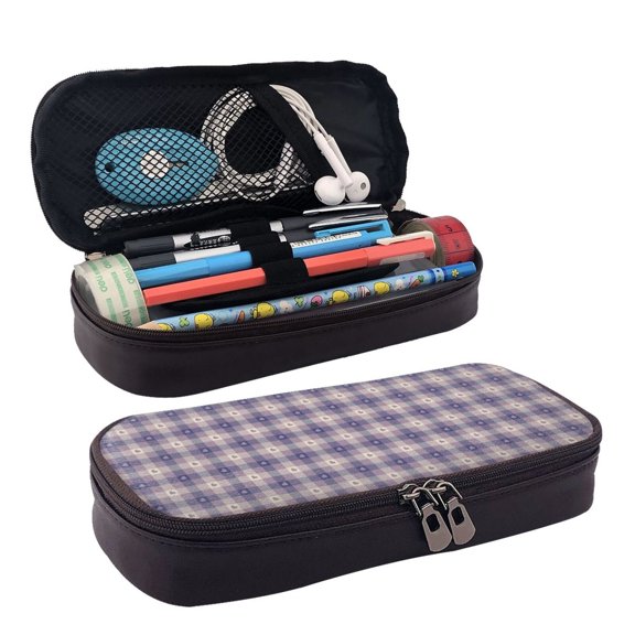 Picia Heart Check Plaid Pattern Large Capacity PU Leather Pencil Case Organizer Pen Marker Holder Double Zipper Storage Bag Big Pencil Pouch for College Office