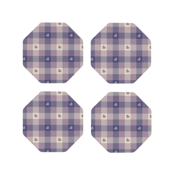 Picia Heart Check Plaid Printed Leather Coasters for Drinks, 4" Drink Coasters Set of 4 for Tabletop Protection, Handmade Luxurious Home Décor and Housewarming Gift -Octagon