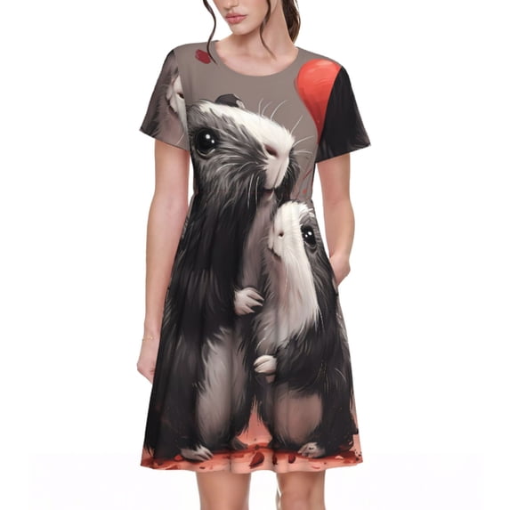 Picia Heart Guinea Pig Couple Pattern Women's Short Sleeve Summer Dress Pleated Loose Swing Knee Length Short Sleeve Swing Dresses