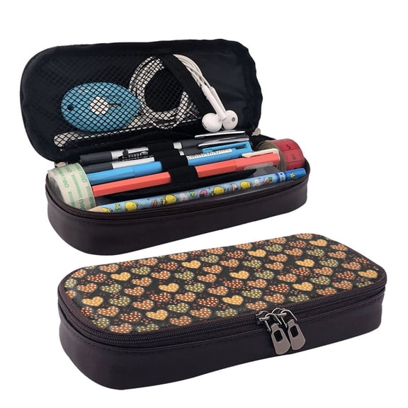 Picia Heart Pattern Large Capacity PU Leather Pencil Case Organizer Pen Marker Holder Double Zipper Storage Bag Big Pencil Pouch for College Office