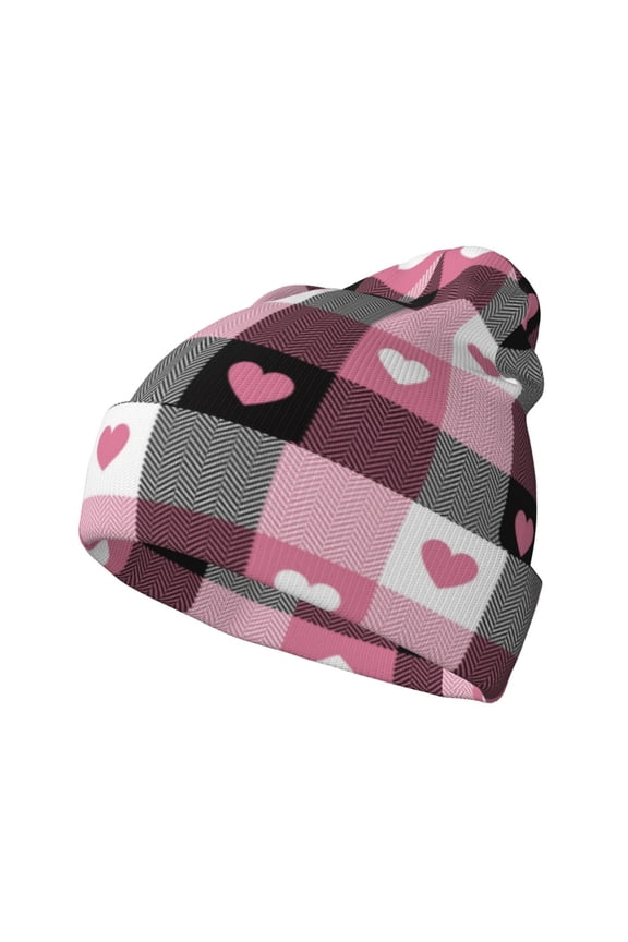 Heart Plaid Pattern Knitted Beanie Hat for Men and Women , Unisex Winter Warm Stretchy Knit Cap Thick Fisherman Beanies Cuffed Plain Skull Caps