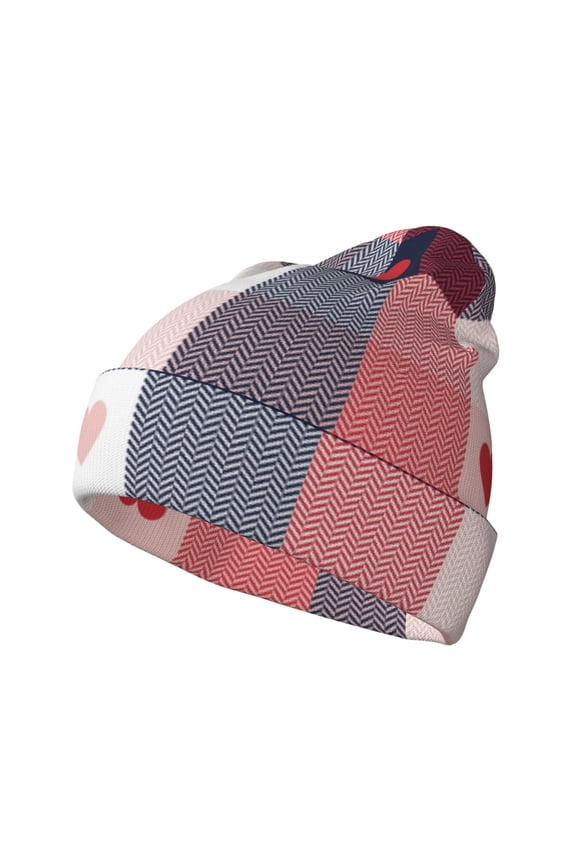 Heart Plaid Pattern Knitted Beanie Hat for Men and Women , Unisex Winter Warm Stretchy Knit Cap Thick Fisherman Beanies Cuffed Plain Skull Caps