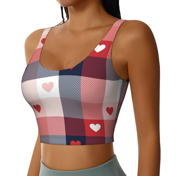 Picia Heart Plaid Sports Bra for Women,Padded Strappy Sports Bras Medium Support Yoga Bra with Removable Cups,Running Yoga Bra-X-Large
