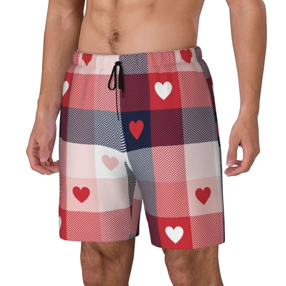 Picia Heart Plaid pattern Mens Swim Trunks with Compression Liner Stretch Beach Shorts Quick Dry with Zipper Pockets No-Chafing Board Shorts-XX-Large