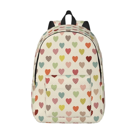 Picia Heart Polka Dot Printed Canvas Daypack - Stylish and Durable Vintage Compact Backpack - Class, Work, Travel, or Laptop Bookbag,Organized Compartments-Medium