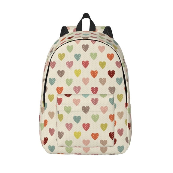 Picia Heart Polka Dot Printed Canvas Daypack - Stylish and Durable Vintage Compact Backpack - Class, Work, Travel, or Laptop Bookbag,Organized Compartments-Small